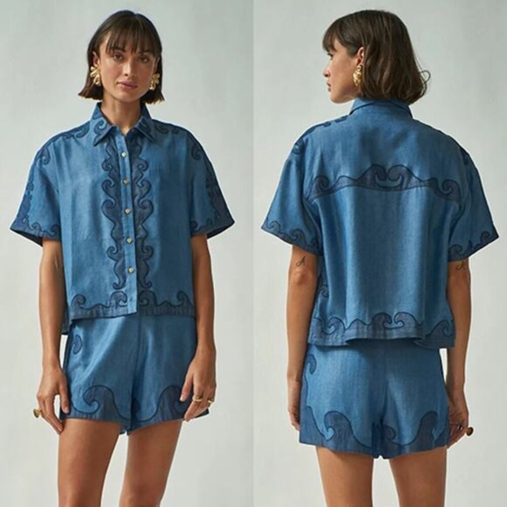 NWT Carolina K Pina Embroidered Denim Boxy Fit Short-Sleeve Shirt Blue Size: M